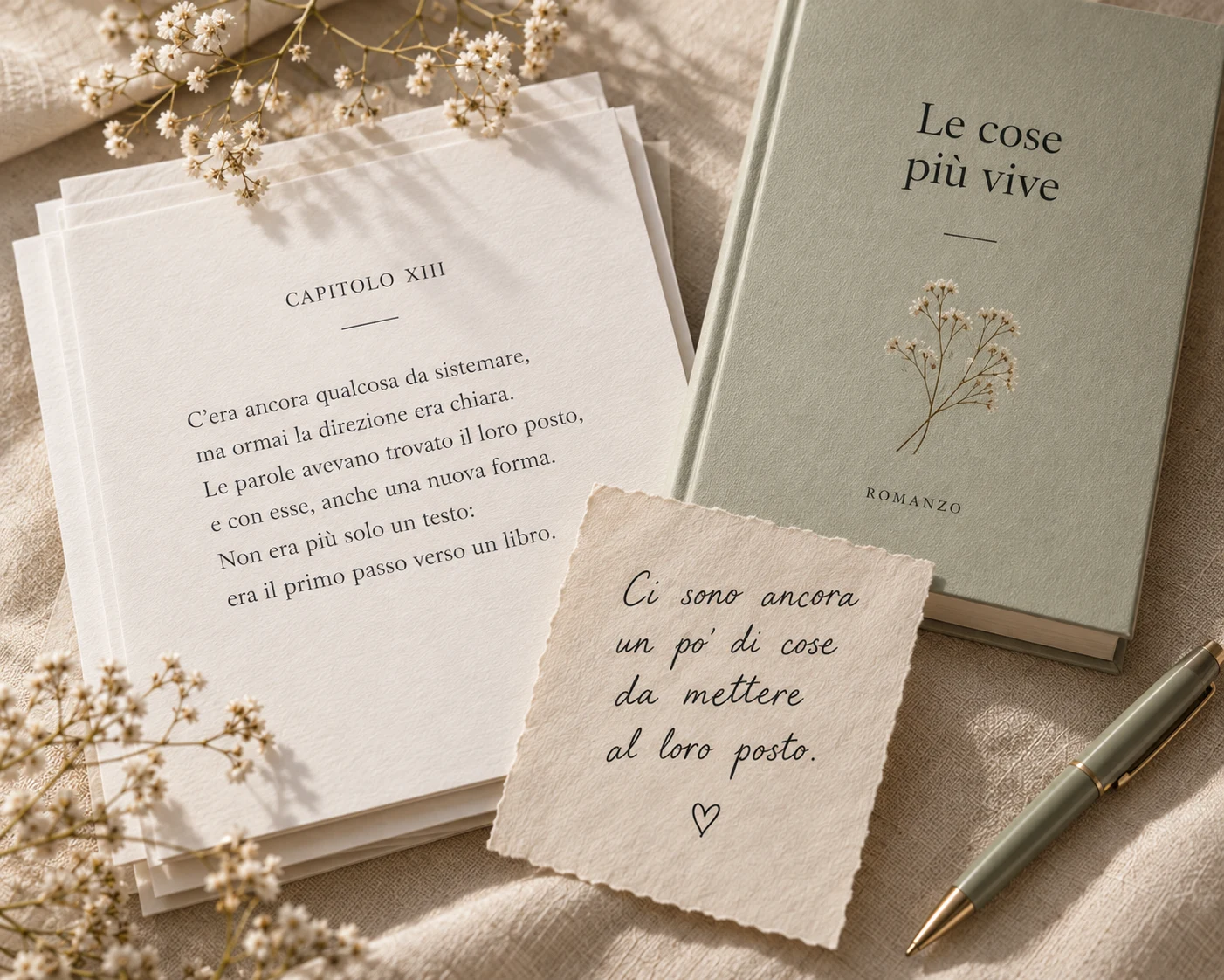 Un manoscritto, un libro dalla copertina salvia e una nota: Ci sono ancora un po’ di cose da mettere al loro posto.