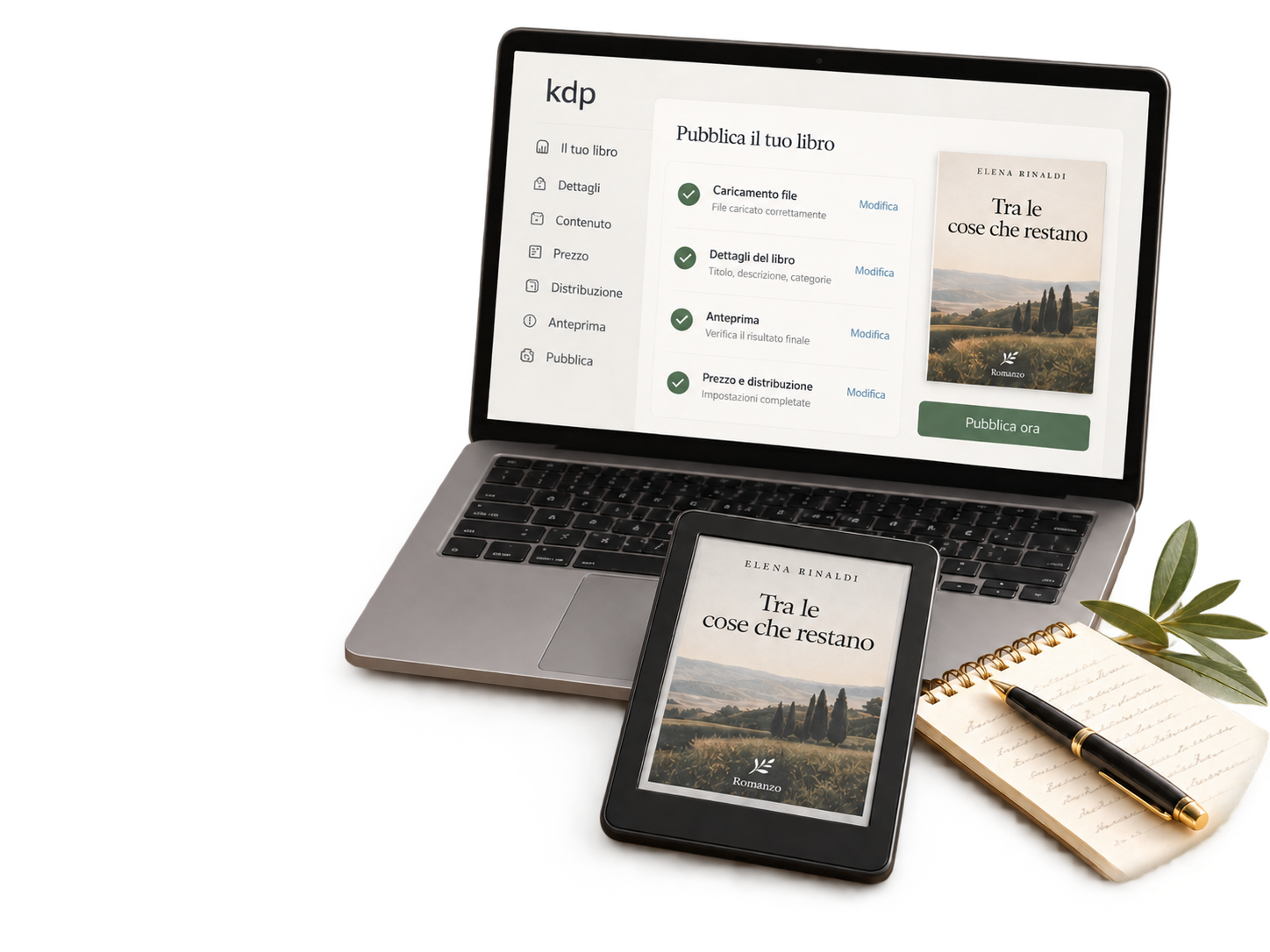 Laptop con schermata Amazon KDP, ereader e blocco per appunti