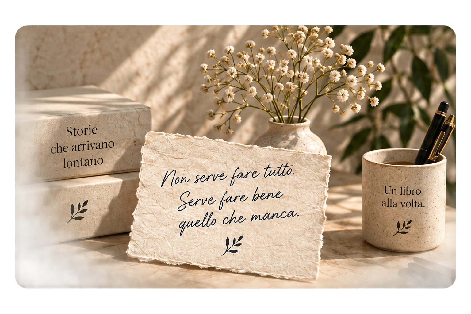 Libri, fiori e una nota sul valore di completare soltanto ciò che manca