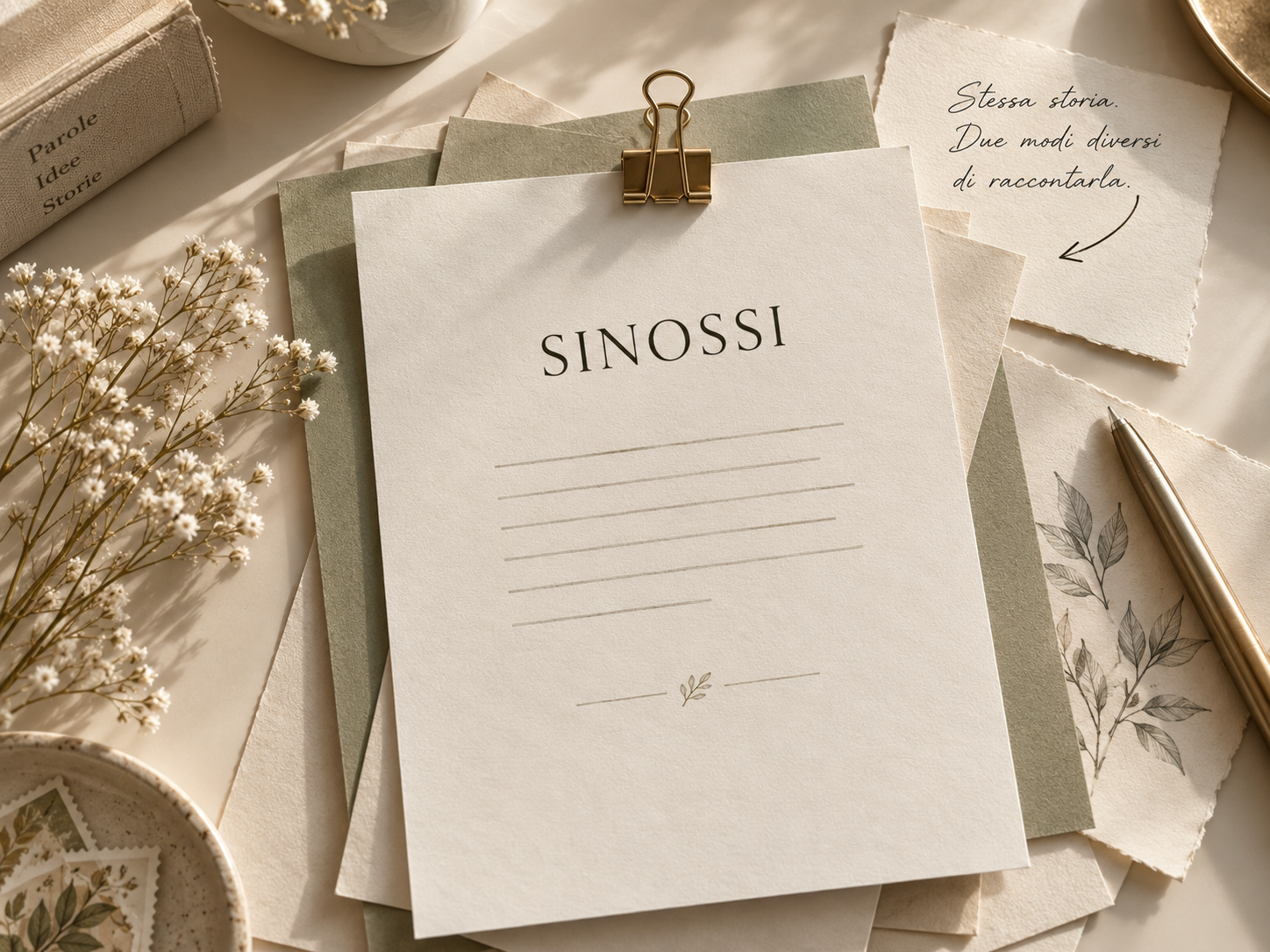 Carte e foglio intitolato Sinossi disposti su un piano di lavoro